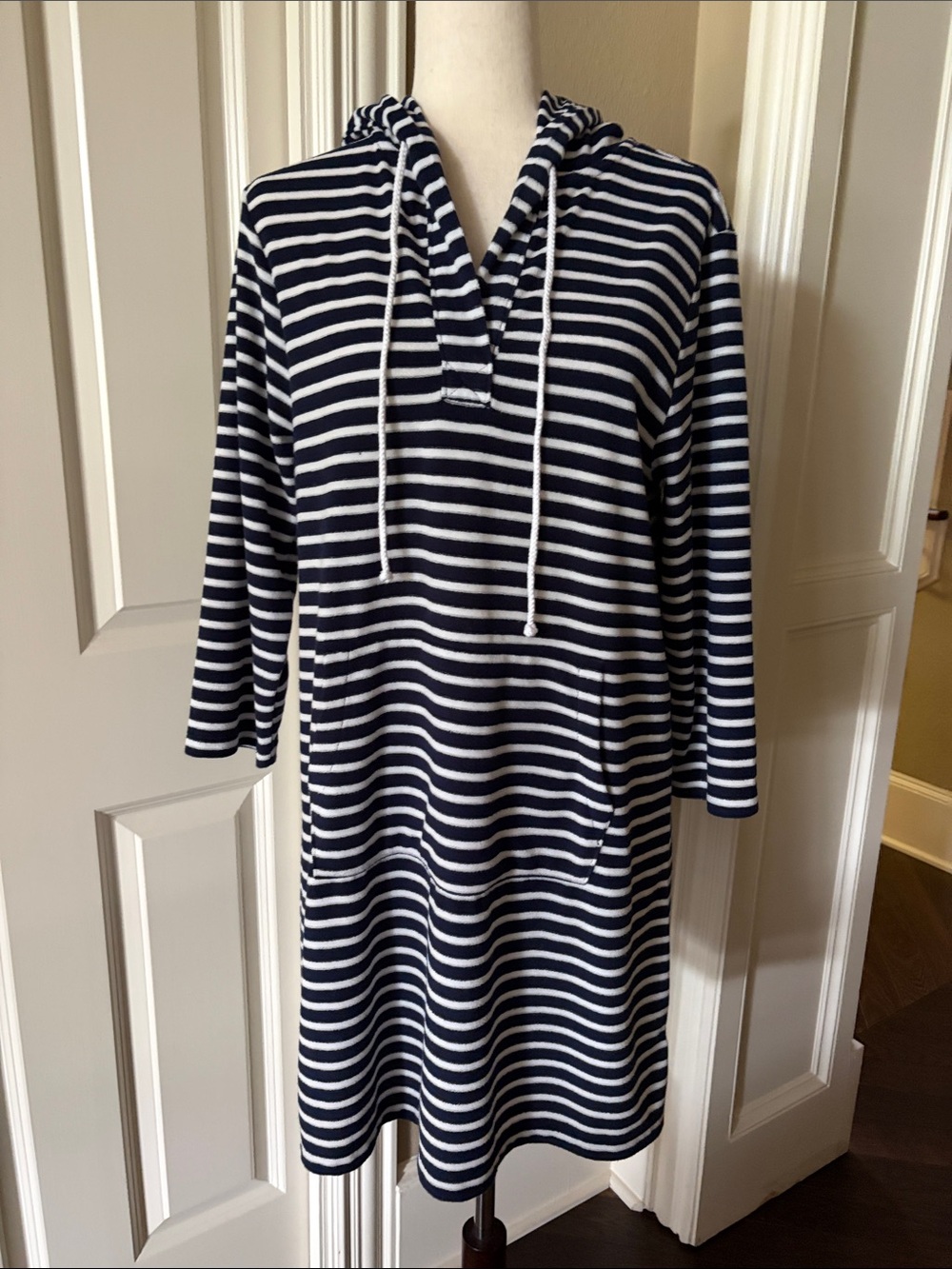 Loft Swim Striped Navy & White Hoodie Coverup/Dress with Kangaroo Pocket M